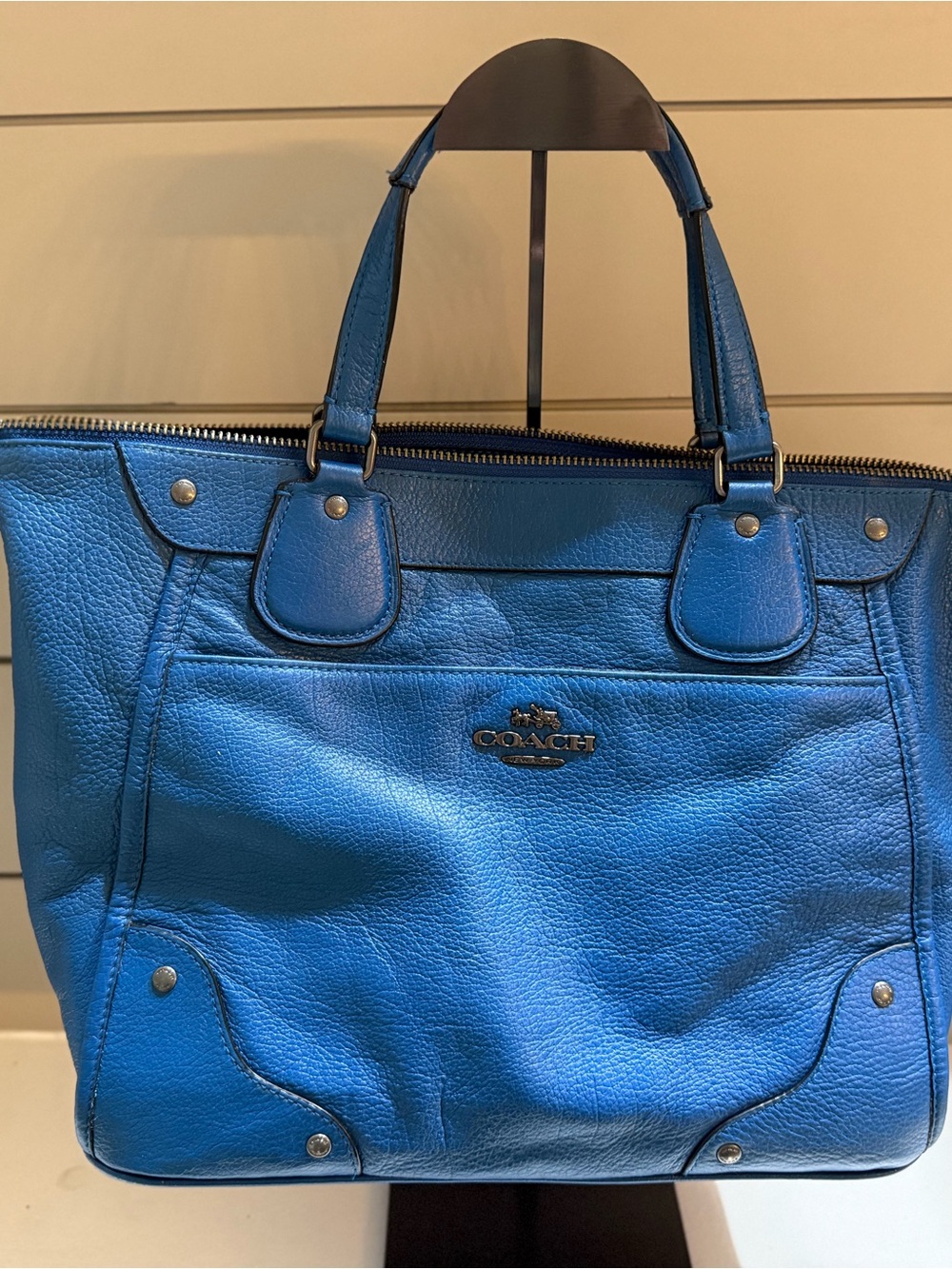 Coach Electric Blue Leather Tote with Silver Hardware
